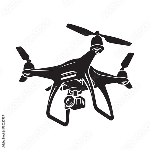 Dynamic black silhouette of a quadcopter drone with a camera in a slightly angled view on a white background Keywords: drone, quadcopter, aerial, photography, technology, unmanned, aerial vehicle