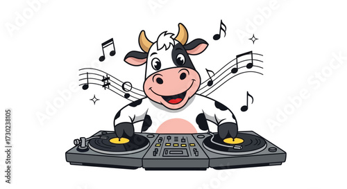 A cheerful cartoon cow with a black and white pattern is playing music on a DJ turntable.