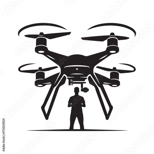 Quadcopter drone hovering above a silhouetted person on a white background aircraft aerial