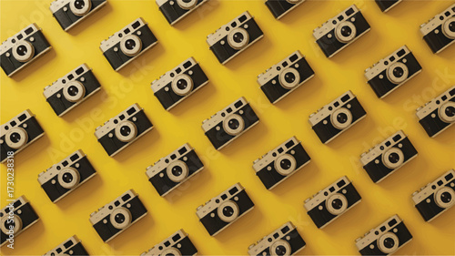 Overhead View of Repeating Vintage Film Cameras on a Yellow Surface with Shadows vintage camera retro camera
