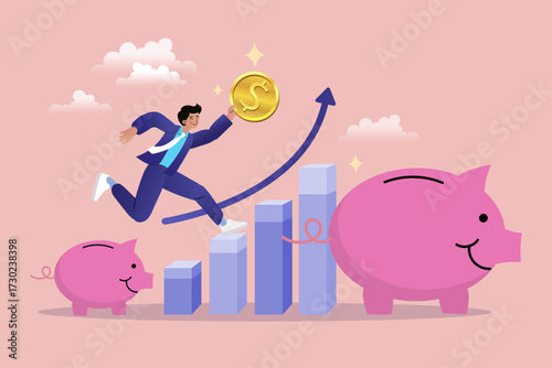 Financial growth and investment concept. A businessman runs up a rising bar chart to put a dollar coin in a piggy bank, symbolizing a successful savings plan, retirement fund, and wealth building.