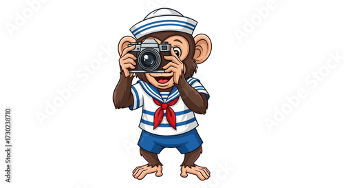 Cute cartoon monkey dressed as a sailor, happily holding a camera and taking a picture, isolated on a white background.