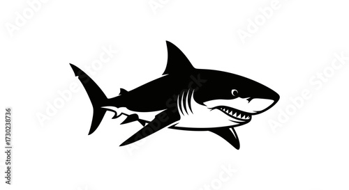 Dynamic monochrome shark illustration, jaws open revealing sharp teeth, embodying power and fierce predatory instinct within the ocean depths