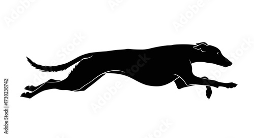 Powerful black silhouette of a greyhound dog running at top speed, embodying athletic grace and swift movement across a clean background