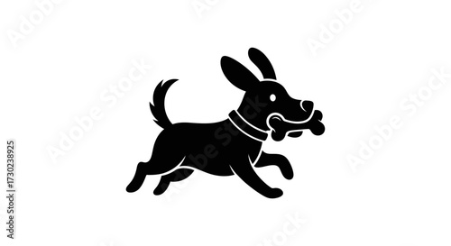 Joyful black dog happily running with a bone in its mouth, a perfect symbol for pet care and playful moments.