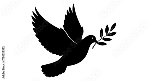 Flying dove carrying olive branch silhouette, symbol of peace, freedom, and hope, perfect for design projects