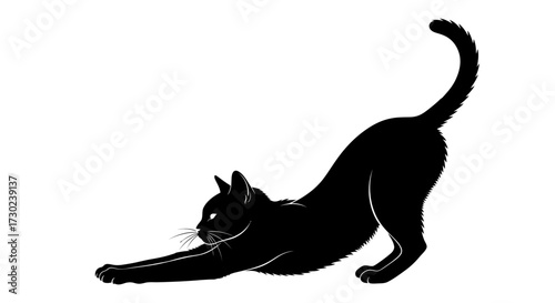 Elegant black cat stretches gracefully in a minimalist silhouette, embodying feline agility and serene movement.