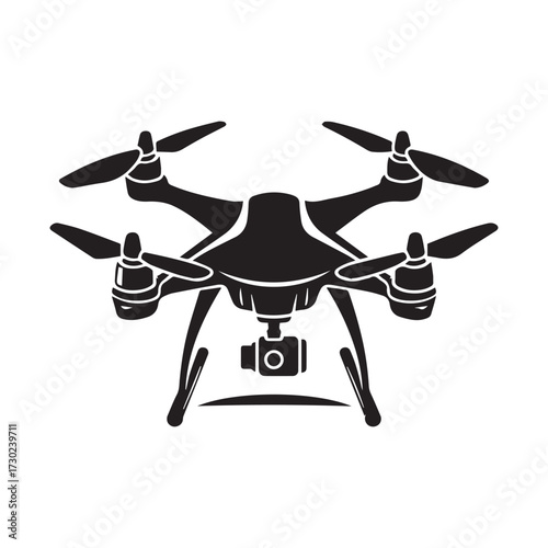 Simple black silhouette of a quadcopter drone with a camera gimbal on a white background aerial vehicle