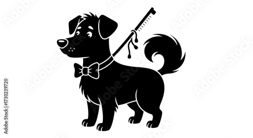 Elegant cartoon dog with a bow tie and cane for a fun, playful design or children's illustration project that will add a touch of joy and character