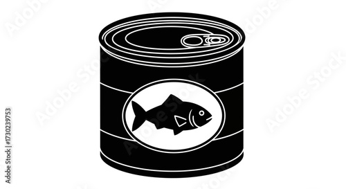 Canned fish symbol, ready to eat healthy meal, black and white food icon, nutritious protein source, pantry staple, quick and convenient lunch or dinner