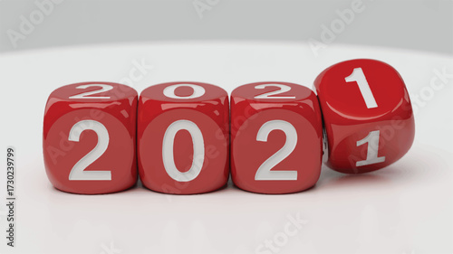 Red Dice Forming the Year 2021 with the Last Die Showing 2021 numbers