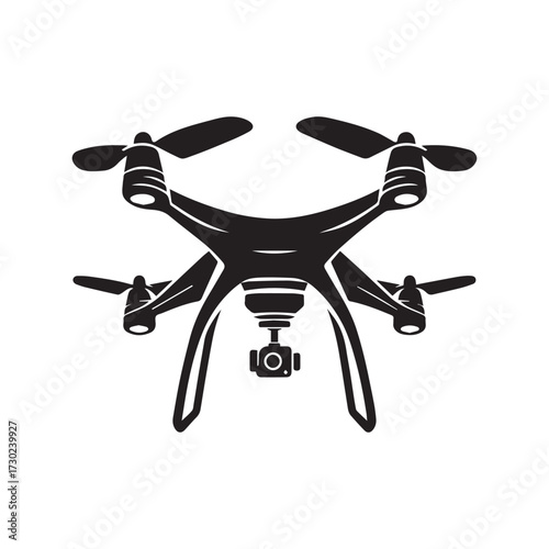 Stylized black silhouette of a quadcopter drone with a camera hanging below on a white background