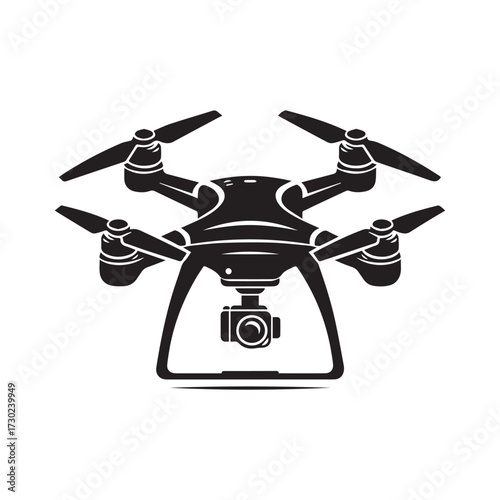 Stylized black silhouette of a quadcopter drone with a camera suspended from its underside on a white background Keywords: drone, quadcopter, aerial, photography, technology, unmanned, aerial