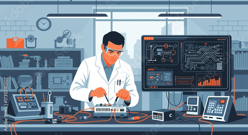 An engineer is working with circuits and electronic components in his laboratory using the right