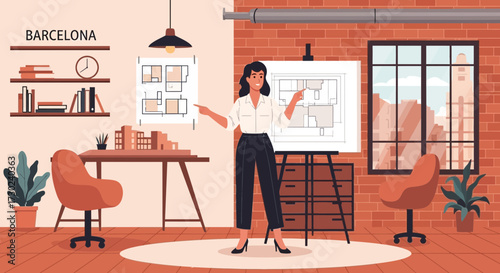 Architect presenting blueprints and building model in a modern office space showcasing