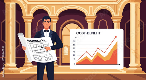 Architect showcasing restoration project benefits with blueprints and rising cost graph analysis