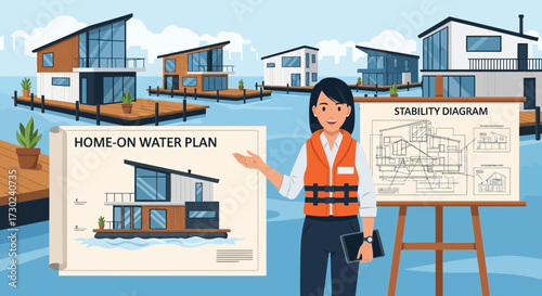 Illustrative depiction of a real estate agent presenting waterfront property plans and stability