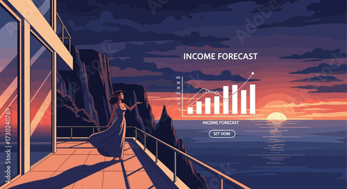 Income forecast visualization with woman on balcony overlooking sunset seascape
