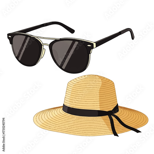 Summer fashion accessories stylish sunglasses and a wide-brimmed straw hat for sunny days