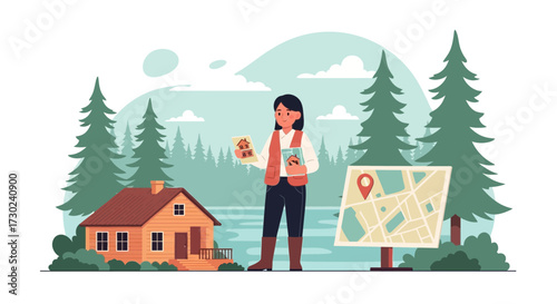 Real Estate Agent Presenting a Cabin in a Forest Setting and Location Map with Pin for Prospective