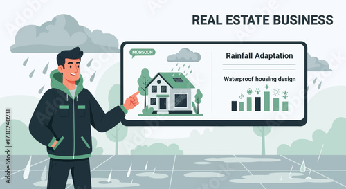 Real Estate Monsoon Season Presentation Showcasing Waterproof Housing Solutions and Rainfall