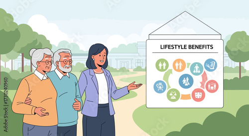 Senior living community lifestyle benefits presentation with sales representative and elderly