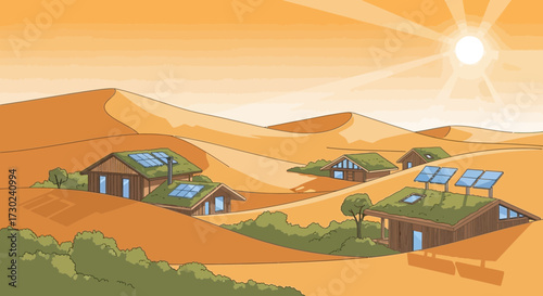 Sustainable desert community illustration with solar panels and green roofs concept