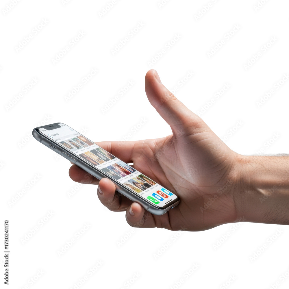 custom made wallpaper toronto digitalClose-up of male Caucasian hand swiping a sleek smartphone's vivid screen, macro, on a transparent studio background, clean human technology interaction concept