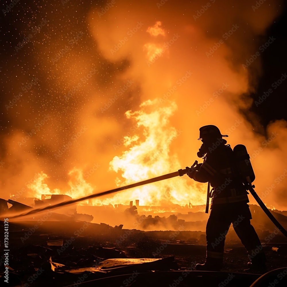 Fototapeta premium Firefighter battling a large blaze at night.
