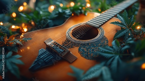 Acoustic Guitar with Green Plants and String Lights