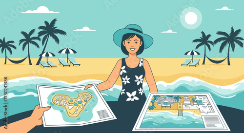 Woman planning vacation holding island map and beach house blueprint on the coast