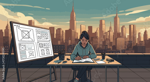 Young designer creating website mockups on a rooftop with a city skyline view at dusk