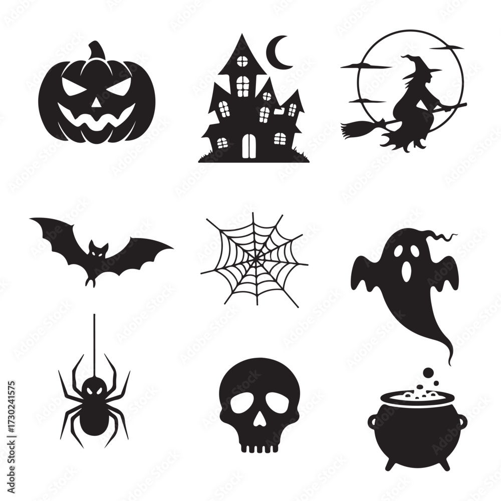 Obraz premium Spooky Halloween icons including pumpkin, haunted house, witch, bat, spiderweb, ghost, spider, skull, and cauldron.
