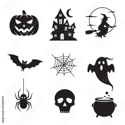 Spooky Halloween icons including pumpkin, haunted house, witch, bat, spiderweb, ghost, spider, skull, and cauldron.