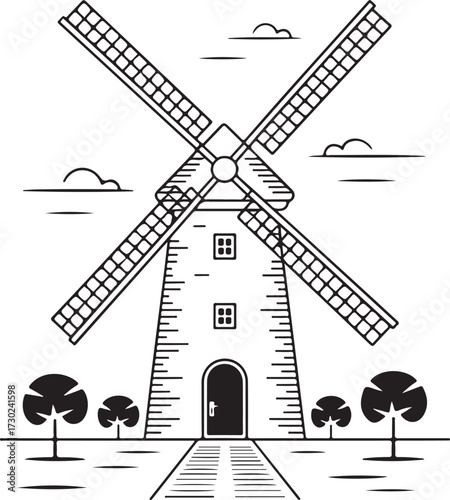 Traditional Countryside Windmill with Clouds – Vintage Line Art