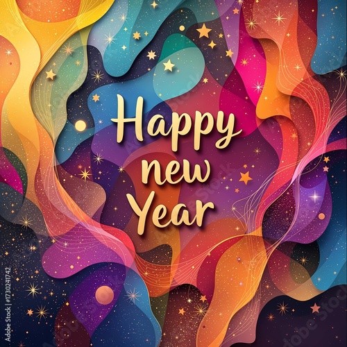 Happy New Year celebration with colorful abstract swirls and golden greeting 