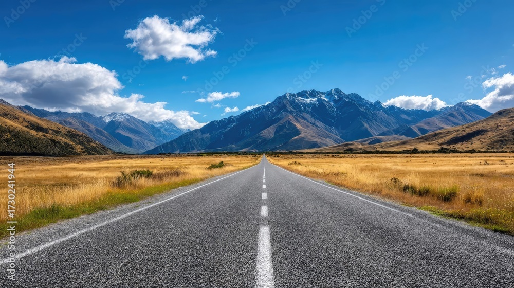 Naklejka premium Long asphalt road symbolizing upward journey concept. A stunning mountain landscape with a clear road and blue sky.