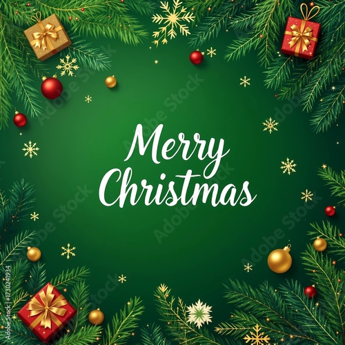 Merry Christmas greeting with green backdrop, festive gifts, pine branches, and snowflakes 