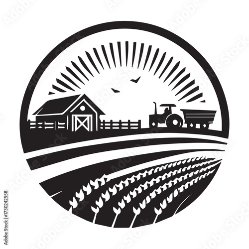 Black and white circular emblem depicting a farm scene with a barn tractor and fields agriculture