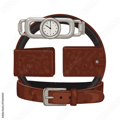 Abstract illustration of a belt, watch, and wallets, symbolizing time and finance management