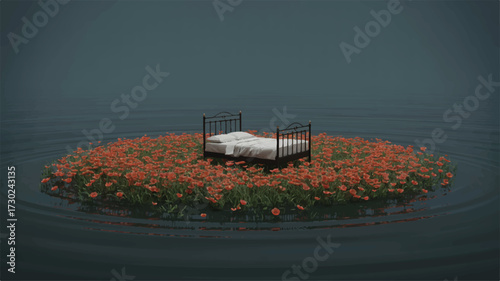 Surreal image of a bed with white linens floating on a circular island of red poppies surrounded by dark water