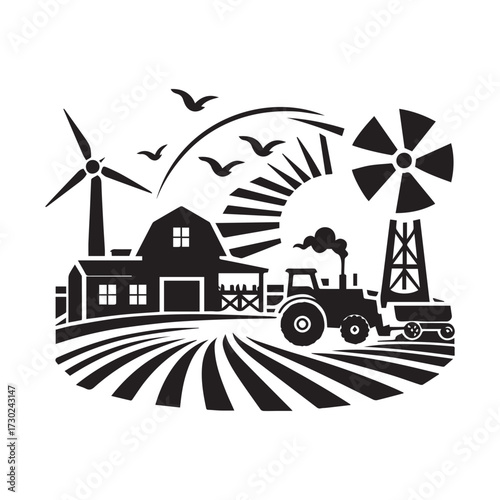 Black and white illustration of a farm with a barn tractor windmill and wind turbines agriculture