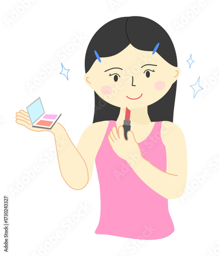 Cartoon woman applying lipstick and doing her makeup beautifully