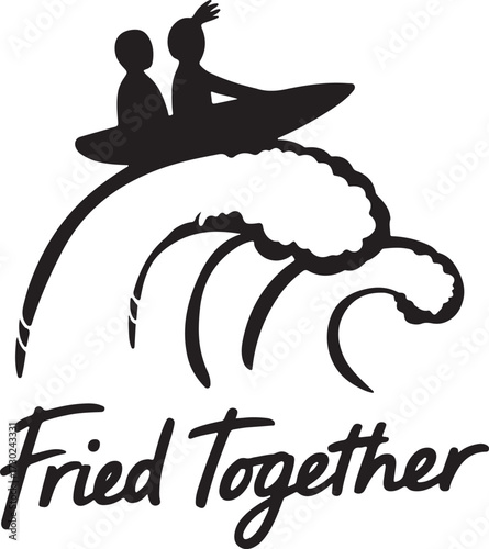 Couple silhouettes surfing on a giant tempura wave embracing togetherness and fun adventure vector