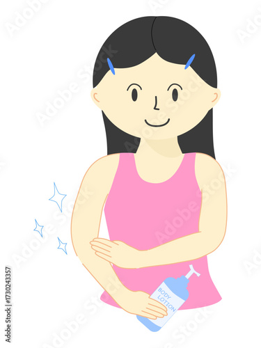 Cartoon woman applying lotion to her arm