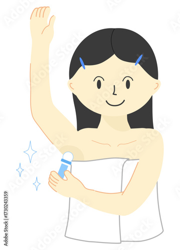 Cartoon woman applying roll-on deodorant to her armpit to control body odor