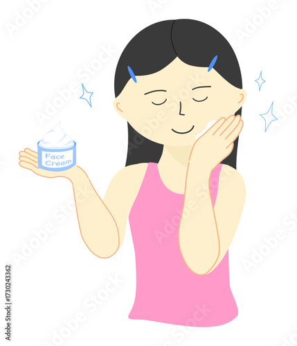 Cartoon woman happily applying facial cream