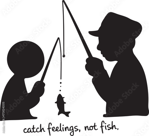 Silhouette of couple fishing under stars with inspiring quote catch feelings not fish bonding moment vector