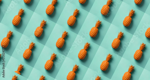 Abstract background with repeating pattern of orange pineapples on a turquoise surface, modern minimalism, isometric perspective.
