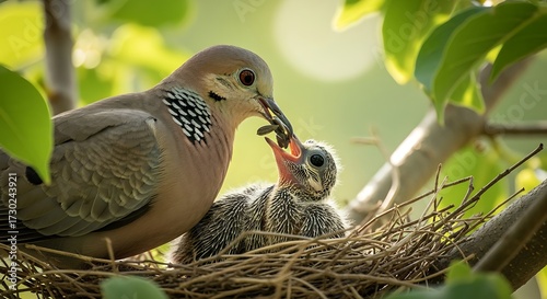 Mother bird feeding its chick in a nest, natures nurturing.